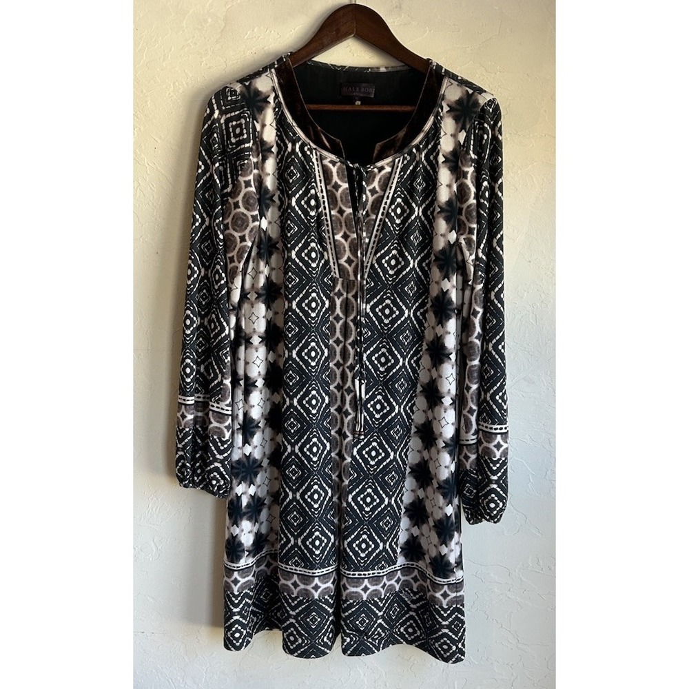 Hale Bob Bohemian Print A Line Dress M Balloon‎ Sleeve Velvet Brown Logo Relaxed